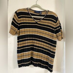 Liz Claiborne Black and Brown Striped V-Neck Top